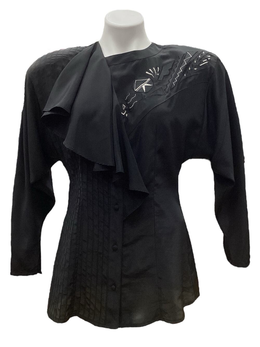 Vintage Suzelle Women’s Top SZ 4 Side Ruffle Half Embroidered Half Pleated Black